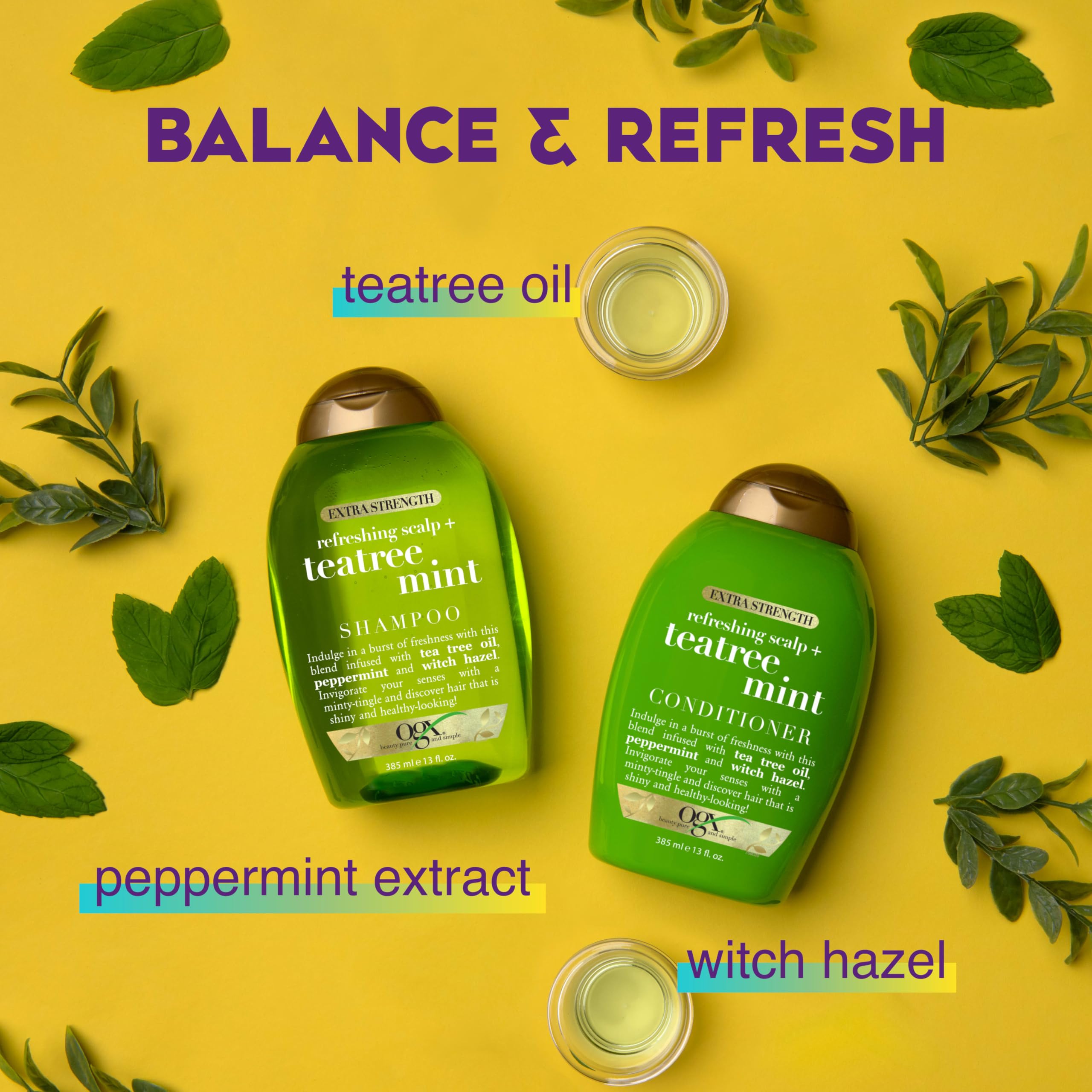 OGX Extra Strength Refreshing Scalp + Teatree Mint Conditioner, Invigorating Conditioner with Tea Tree & Peppermint Oil & Witch Hazel, Paraben-Free, Sulfate-Free Surfactants, 13 fl oz